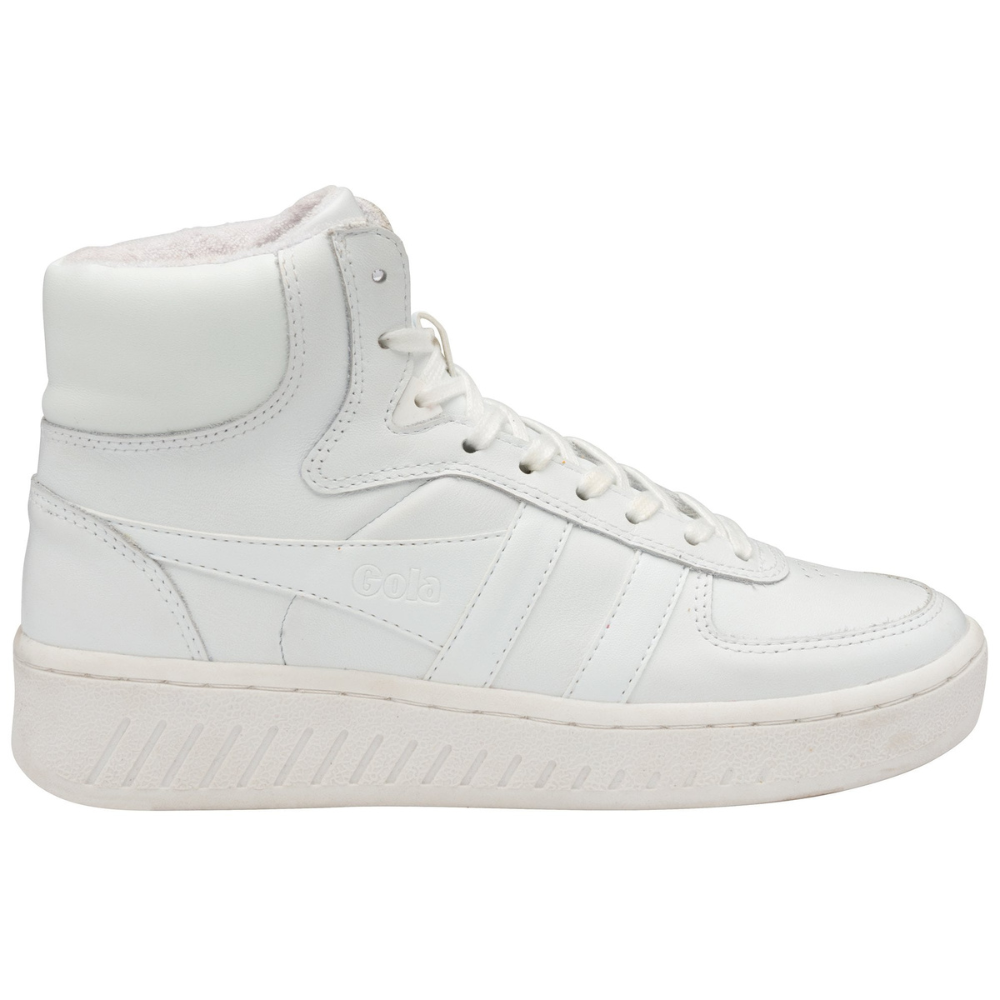 Plain white chunky Gola high-tops. These high-tops have a similar look to dunks or chunky trainers. They have Gola's loga in plain white, almost camoflaged into the white sides of the shoe. Chunky and cool, perfect for everything from jeans and shorts to dresses and skirts.