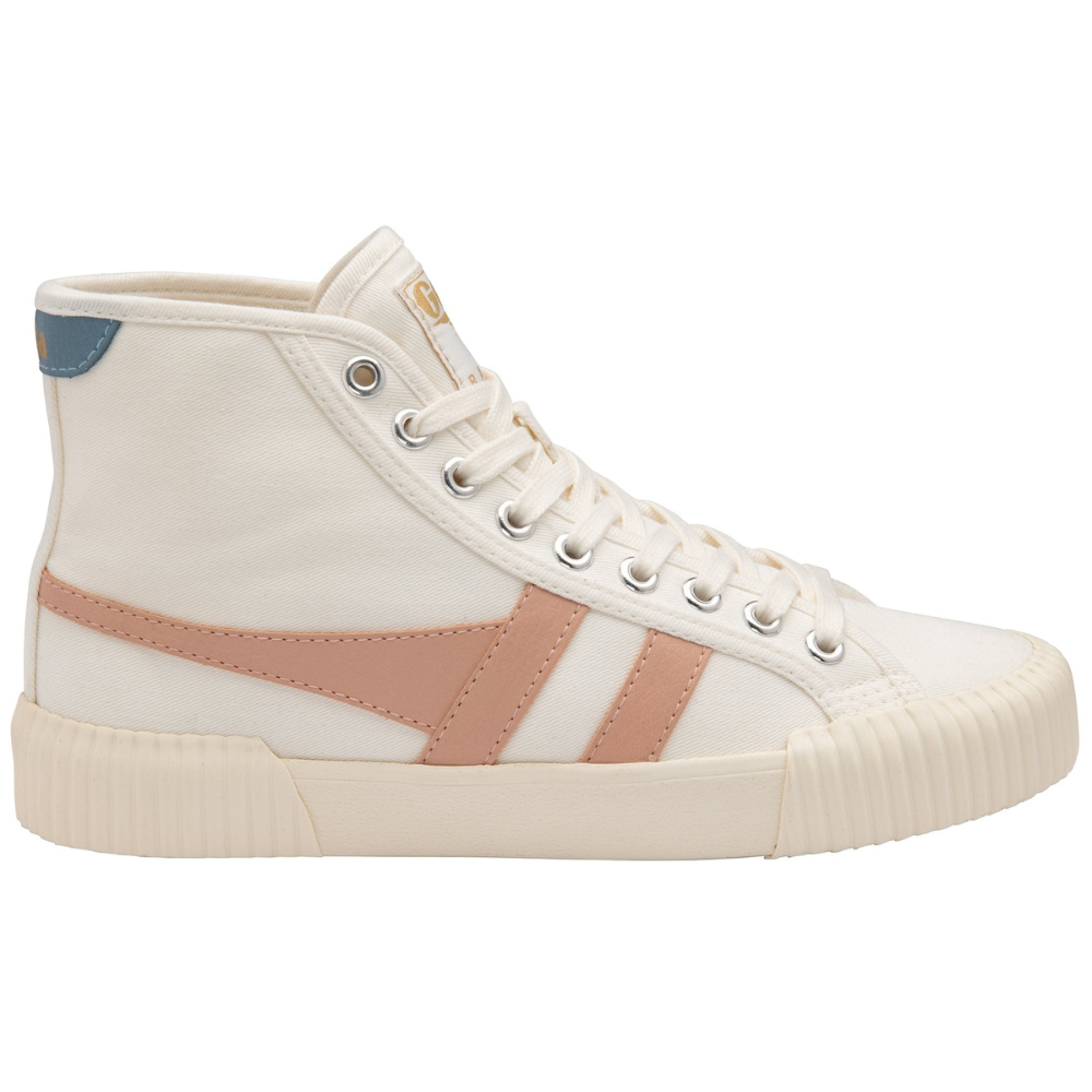 A white gola high top with rich rose-gold/peachy toned wingflashes. At the back of the shoe, near the top, it features a teal detailing. The high-top has a thick sole with ribbed detailing.