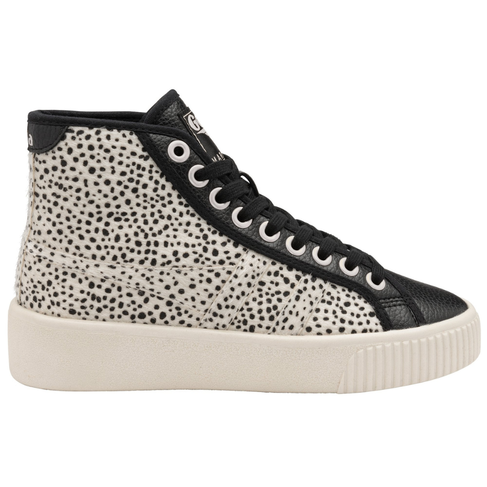 Bold print high-top trainers by Gola. They are predominantly black and white, with a thick white sole that is ribbed near the front of the shoe. The sides of the shoe feature dalmation style dots, while the front, including the eyelet part of the shoe and the tongue, is a contrasting black colour.