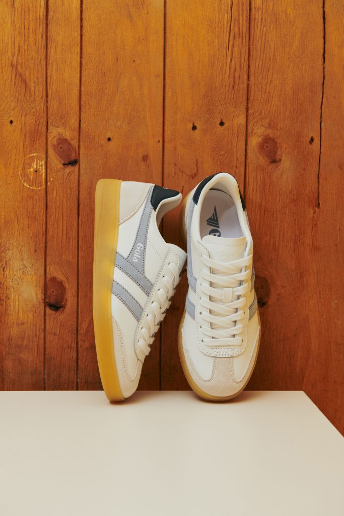 A close up of Gola white and blue Viper trainers
